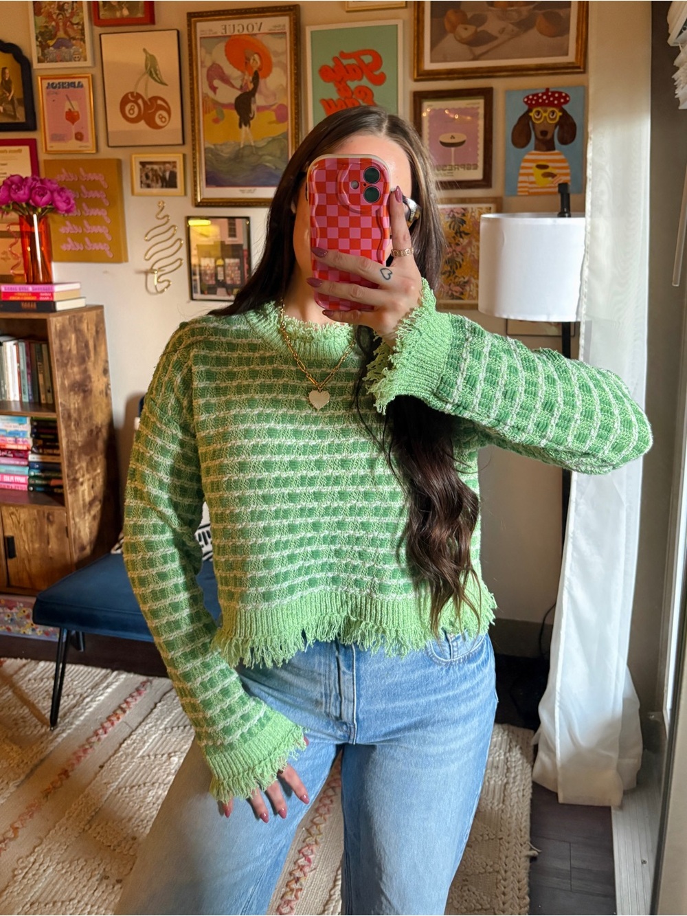 Zara Green Textured Fringe Sweater